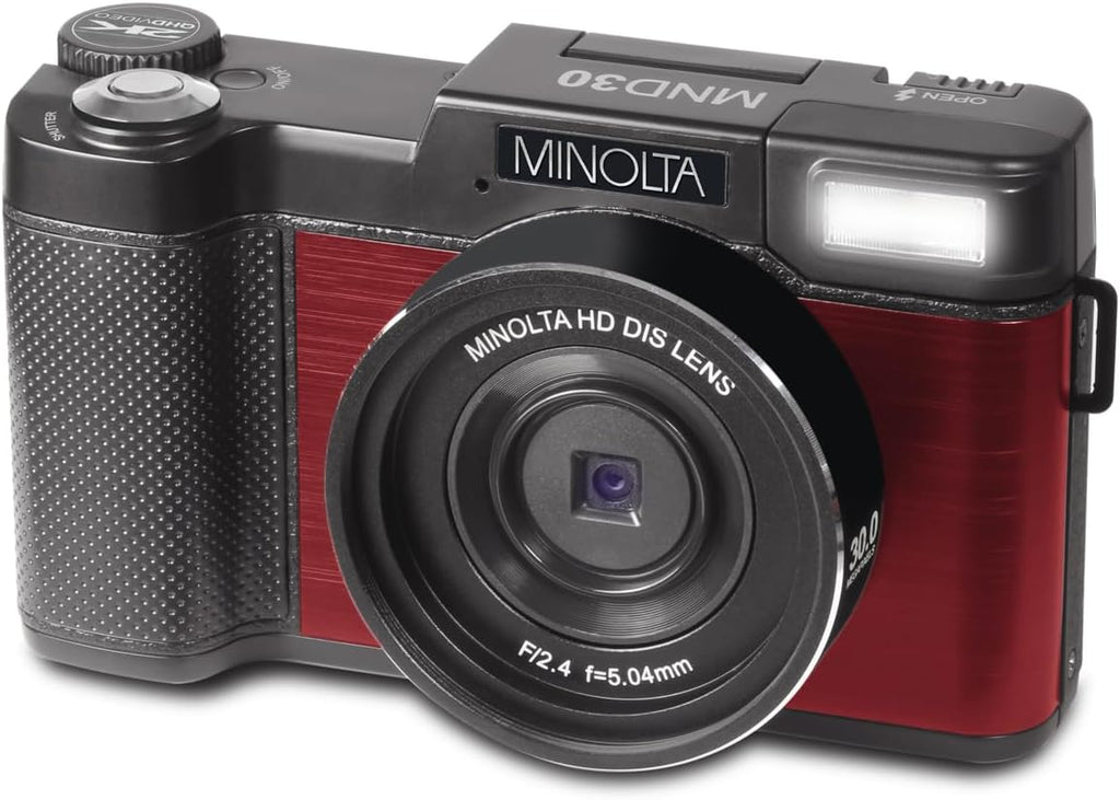 Minolta 30MP Digital Camera – 2.7K Ultra HD Video, 3-inch 180° LCD Screen, Face Detection, Anti-Shake, 9 Scene Modes, Photo Burst, Panorama, CMOS Sensor, 32GB Card (Red)