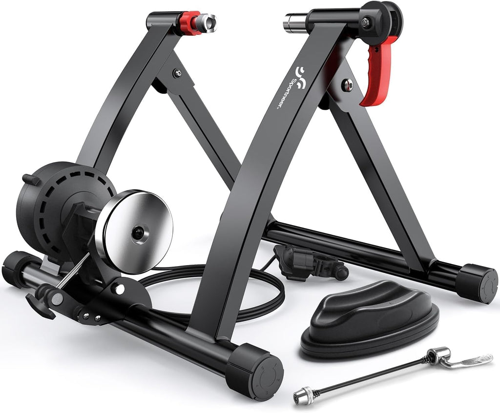 Sportneer Bike Trainer - Magnetic Stationary Bike Stand for 26-28' & 700C Wheels - Adjustable 6 Level Resistance Bike Trainer Stand for Indoor Riding with Quick Release Lever & Front Wheel Riser Block