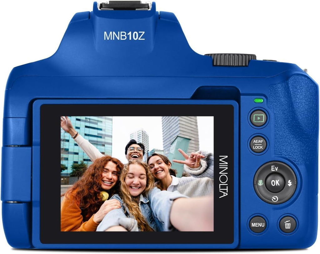 Minolta 64 Mega Pixels Auto Focus Digital Camera with 10x Optical Zoom, 4K Ultra HD Video and Macro Shooting, Bundle with 32 GB Memory Card + Vlogging Tripod + Cleaning kit + More Accessories (Blue)