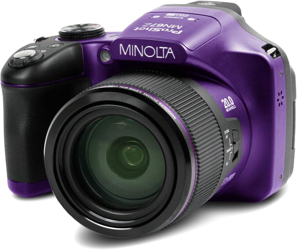 MINOLTA MN67Z 20 MP / 1080P FHD Bridge Digital Camera w/67x Optical Zoom (Purple) Bundle with 32GB Memory Card + Camara Bag + Cleaning Kit + Vlogging Tripod + Accessories