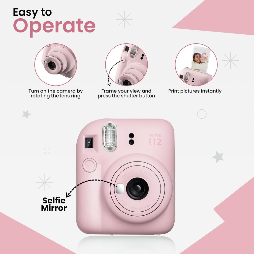 Fujifilm Instant Mini 12 Camera + Accessory Bundle & Compatible Custom Case + Fuji Instant (20 Shots) Designer Mini Photo Album (60 Pockets) (Blossom Pink)