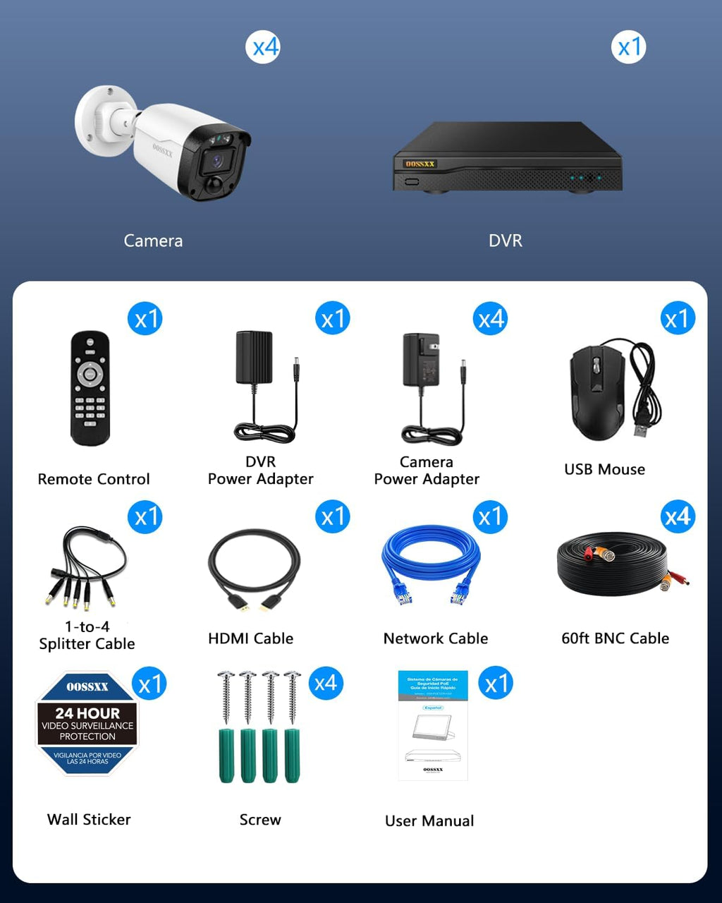 OOSSXX (2026 Update) 5MP Wired Security Camera System Outdoor, 8CH DVR (No Hard Drive), 4 x 122° Wide Angle Home Surveillance Cameras, IP67 Waterproof, Free App No Monthly Fee, Remote Control