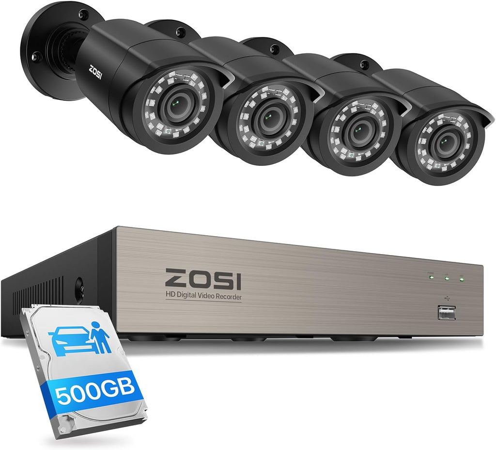 ZOSI 8CH 3K Lite Home Wired Security Camera System, AI Human Vehicle Detection, 4pcs 1920TVL 2MP Indoor Outdoor Camera, Night Vision, H.265+ 8 Channel DVR with 500GB Hard Drive for 24/7 Recording