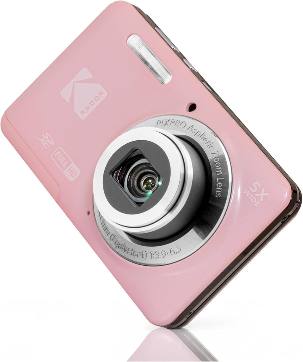 KODAK PixPro FZ55 Friendly Zoom Pastel Pink 16MP Full HD Digital Camera Bundle with High-Speed 128GB SD Card and Small Pouch Black Case (3 Items)