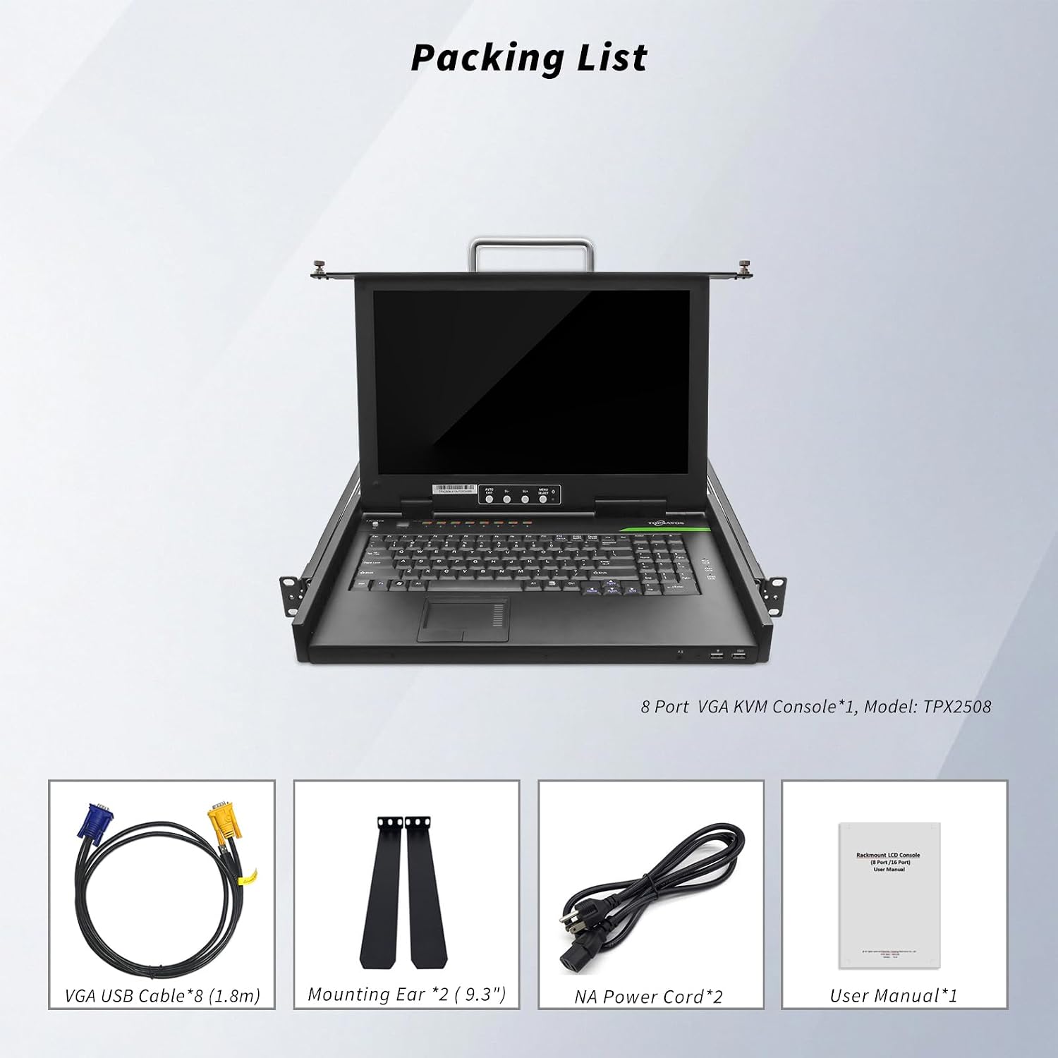 1U Rack Mount KVM Console, 1080P 15.6' LCD Monitor, 8 Port VGA KVM Switch with Keyboard Touchpad, OSD Control, 8 VGA USB KVM Cables, Dual Power Supply, All in One for Short Depth Network Cabinets