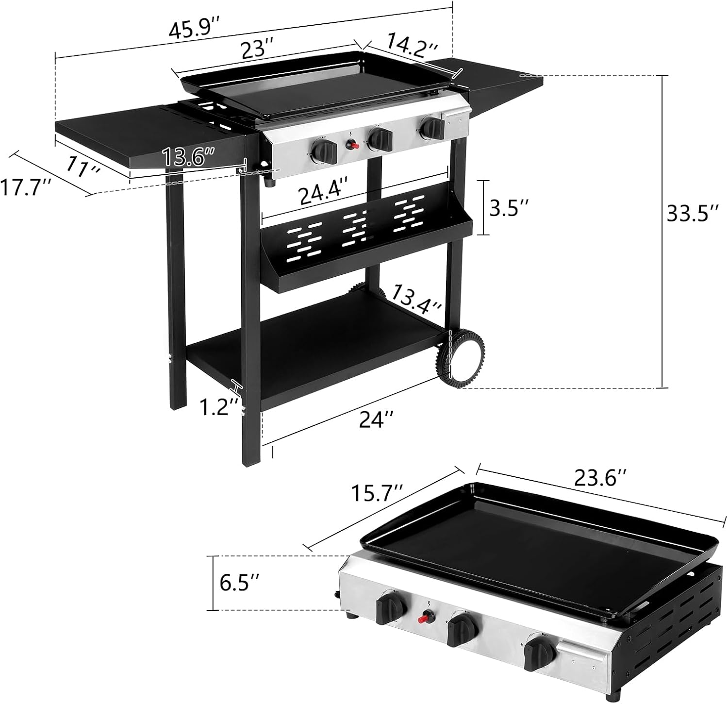 Outvita 3 Burner Propane Griddle, 23.3' Outdoor Flat Top Gas Grill with Side Shelves for Camping BBQ