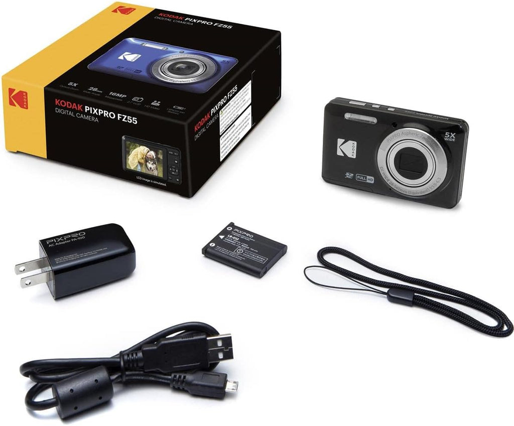KODAK PIXPRO FZ55-BK 16MP Digital Camera 5X Optical Zoom 28mm Wide Angle 1080P Full HD Video 2.7' LCD Vlogging Camera. Bundle with SD Card and Camera Bag, Kodak 1-Year Limited Warranty (Black)