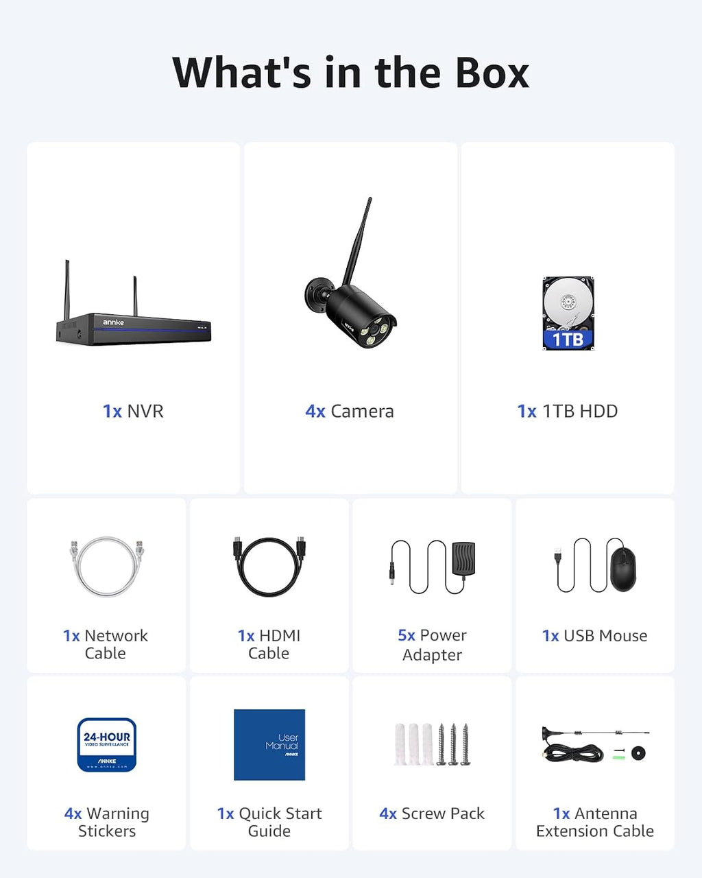 ANNKE Wireless Security Camera System-16CH Expandable 4K Security NVR, 4Pcs 2K Outdoor Cameras, 2-Way Voice, Motion Alert, Weatherproof, Mobile App-Controlled for Indoor/Outdoor Use, 1TB