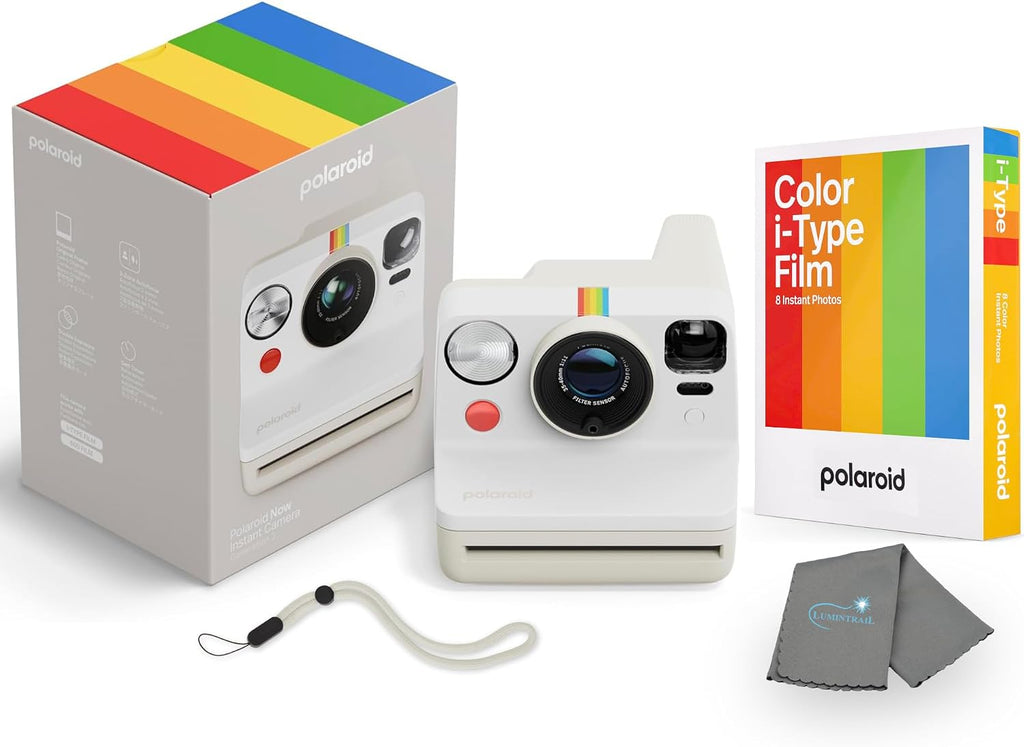 Polaroid Now 3rd Generation i-Type Instant Camera + 8 i-Type Color Film Bundle, Pebble White, Polaroid Camera Bundle with a Lumintrail Lens Cleaning Cloth