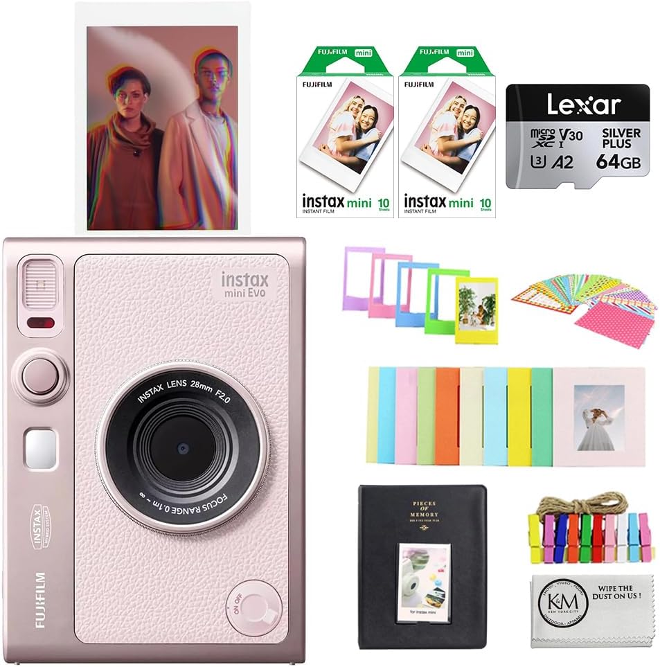 FUJIFILM INSTAX MINI EVO Hybrid Instant Camera | Gentle Rose Bundle with Instax Mini Film | 20 Exposures + 64GB Micro SD Card + Mini Album, Borders, Stickers & Clips + Cleaning Cloth (5 Items)