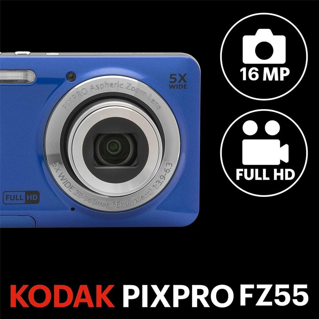 KODAK PIXPRO FZ55-BK 16MP Digital Camera 5X Optical Zoom 28mm Wide Angle 1080P Full HD Video 2.7' LCD Vlogging Camera. Bundle with SD Card and Slinger Camera Bag (Blue)
