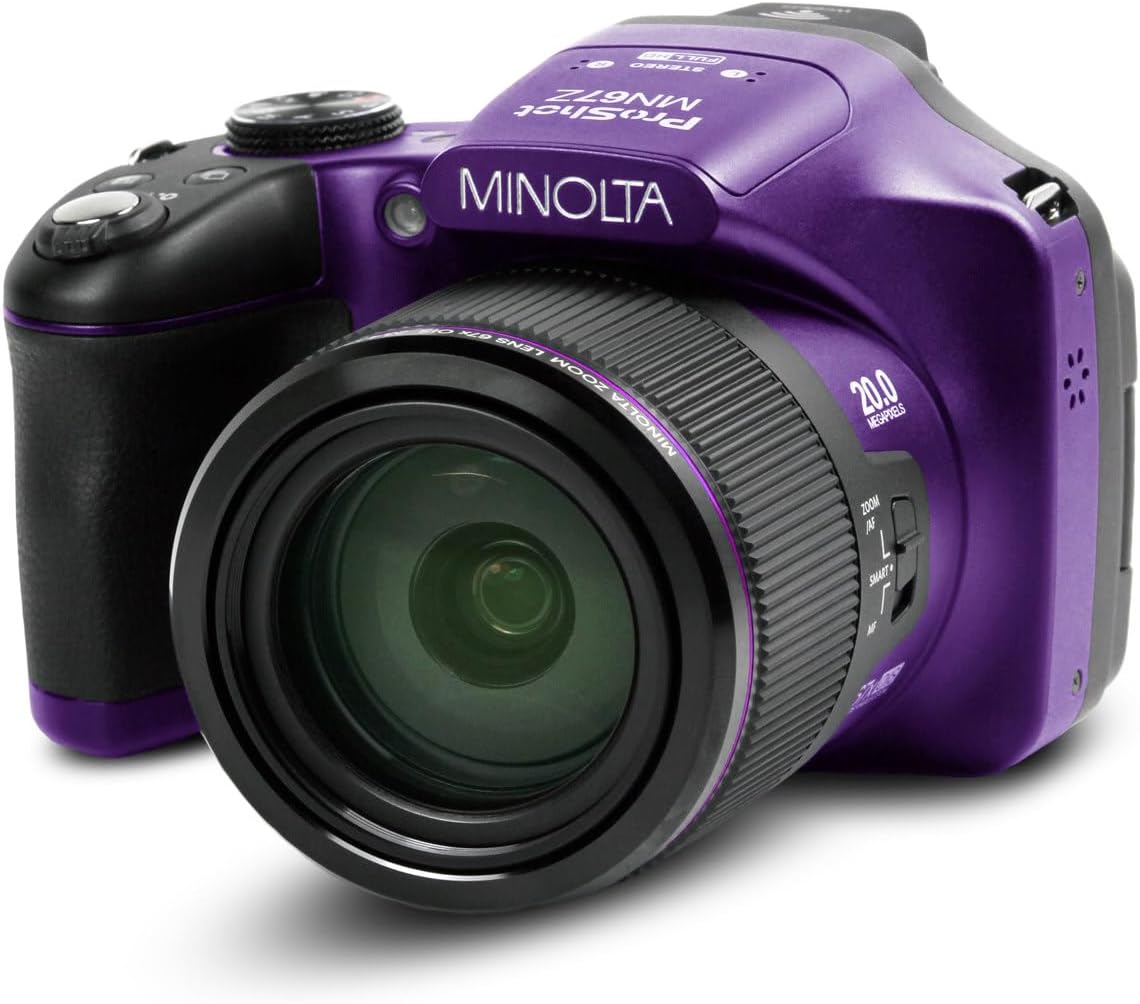 Minolta Pro Shot 20MP Digital Camera – 67x Optical Zoom, Full 1080p HD Video, Optical Image Stabilization, Wi-Fi, 3-inch Articulating LCD Screen, 27 Scene Modes – Includes 16GB SD Card (Purple)