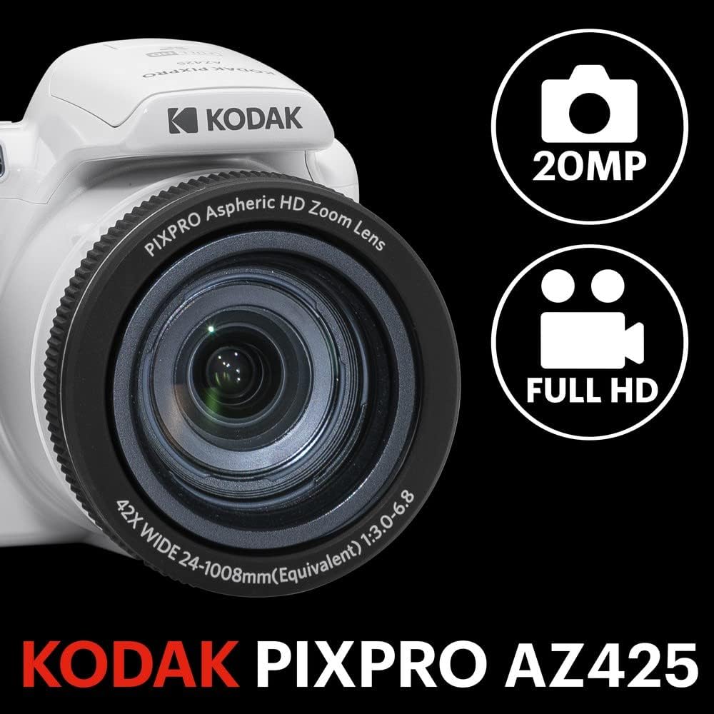 KODAK PIXPRO AZ425 Digital Camera, 42x Optical Zoom Bridge with 20MP BSI Sensor, Li-Ion Battery, OIS, 1080p Full HD Video, White