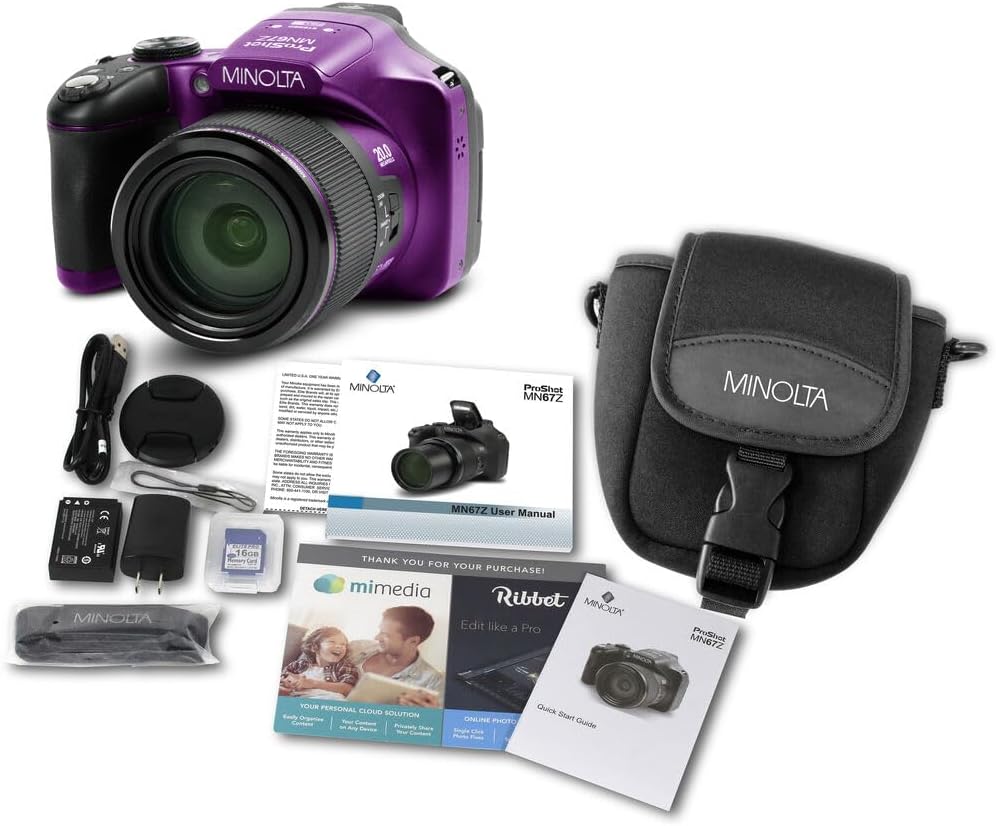 MINOLTA MN67Z 20 MP / 1080P FHD Bridge Digital Camera w/67x Optical Zoom (Purple) Bundle with 32GB Memory Card + Camara Bag + Cleaning Kit + Vlogging Tripod + Accessories