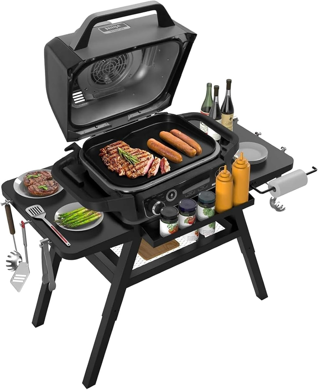 Grill Stand for Ninja Woodfire Outdoor Grills, Portable Adjustable Grill Cart Table for Ninja XSKUNSTAND OG700 OG800 OG900 OO101 Series & for Artisan MO201 Pizza Oven Stand Accessories with Shelves