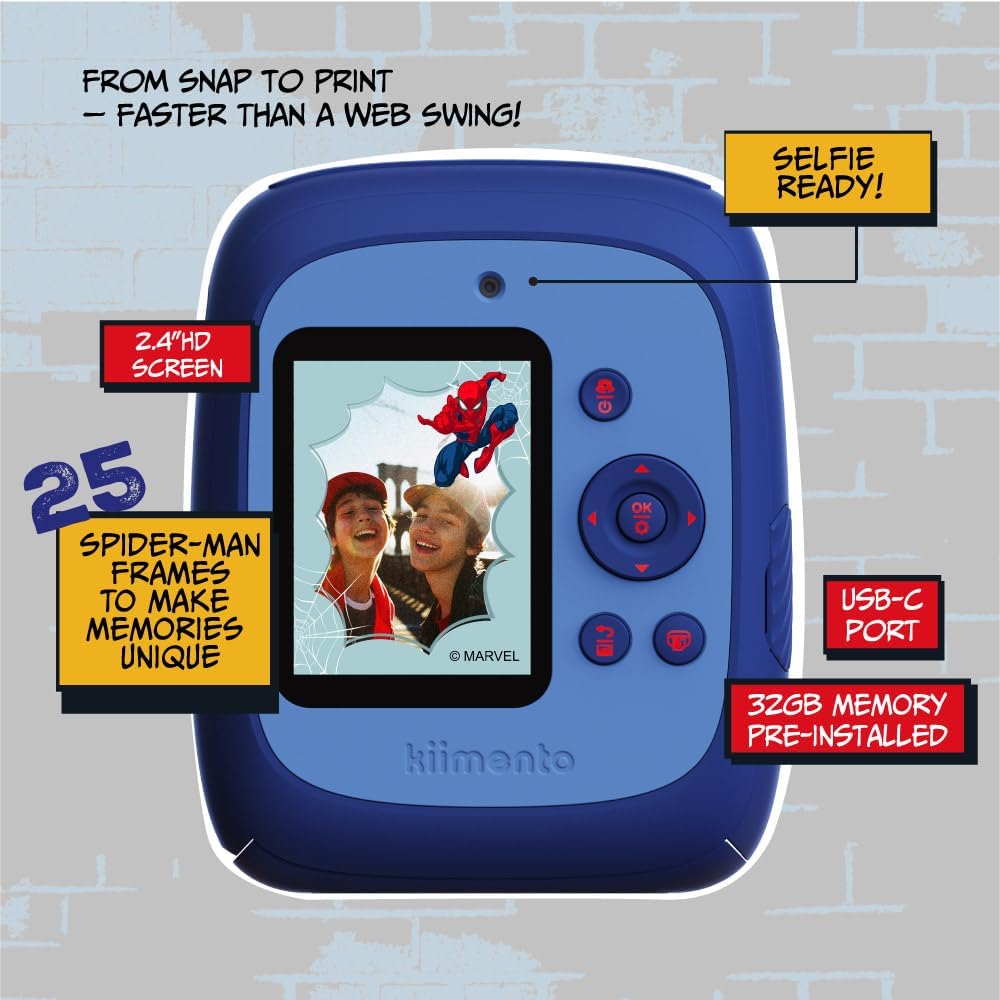 Spider-Man Official Licensed Instant Print Digital Camera, 48MP Photo, 1080p Video, 5-Sec Ink-Free Prints, Selfie & Creator Mode, 32GB SD Card (Model P2) by kiimento
