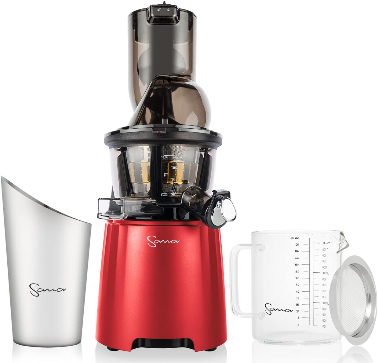 SANA 868 Wide Mouth Premium Cold Pressed Vertical Juicer | Patented Trap Door System | Includes 2 Premium Accessories | 240W High Torque Motor | 15 Year Warranty (Red)