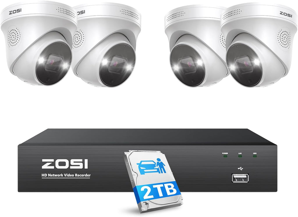 ZOSI 4K Spotlight PoE Security Camera System with Person Vehicle Detection,2 Way Audio,Color Night Vision,8 Port 16CH 8MP NVR with 2TB HDD,4pcs 5MP Outdoor PoE IP Cameras for Home 24/7 Recording