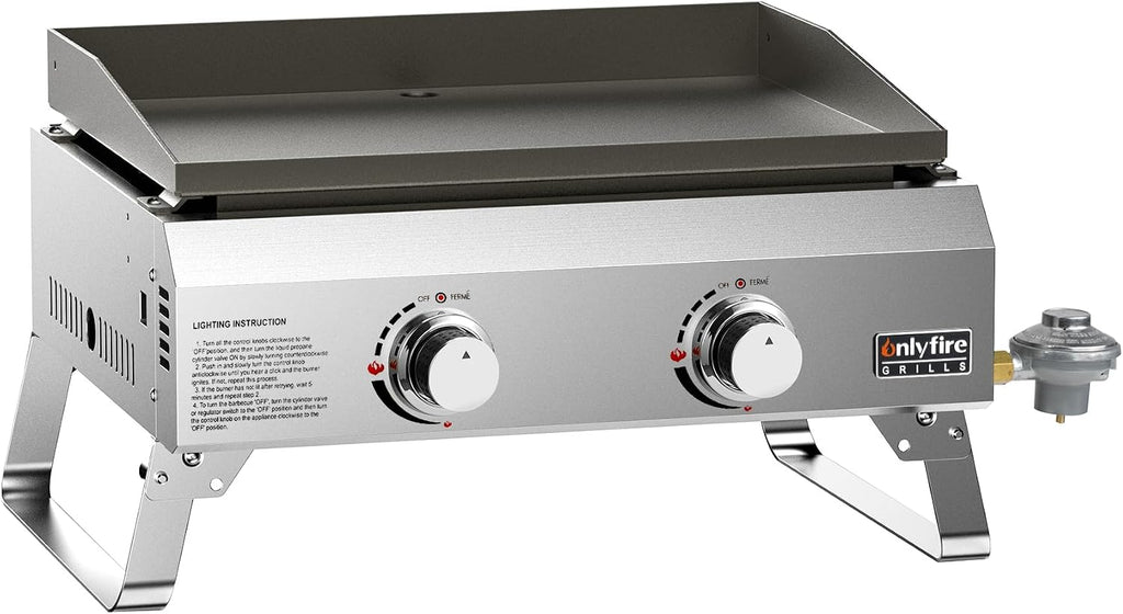 ONLYFIRE GRILLS Tabletop Gas Griddle 2-Burner, Portable Propane Gas Flat Top Griddle 252 SQ.IN Cooking Area, Outdoor Barbecue Stove for Patio BBQ Camping Tailgating RV, Stainless Steel, Classic GS319