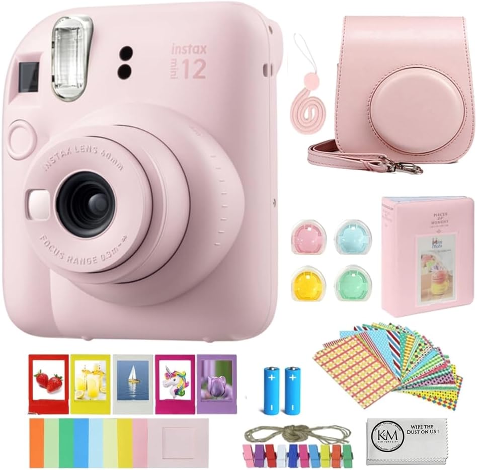 FUJIFILM INSTAX Mini 12 Instant Film Camera | Blossom Pink Bundled with Instax Accessory Bundle + Cleaning Cloth (8 Items)