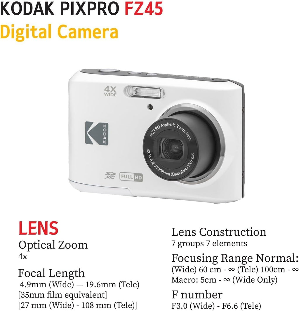 KODAK PIXPRO FZ45 16MP Digital Camera with 4X Optical Zoom 27mm Wide Angle and 2.7' LCD Screen Bundle with 32GB SD Memory Card, AA Batteries (4 Pack), Lens Cleaning Cloth (White)