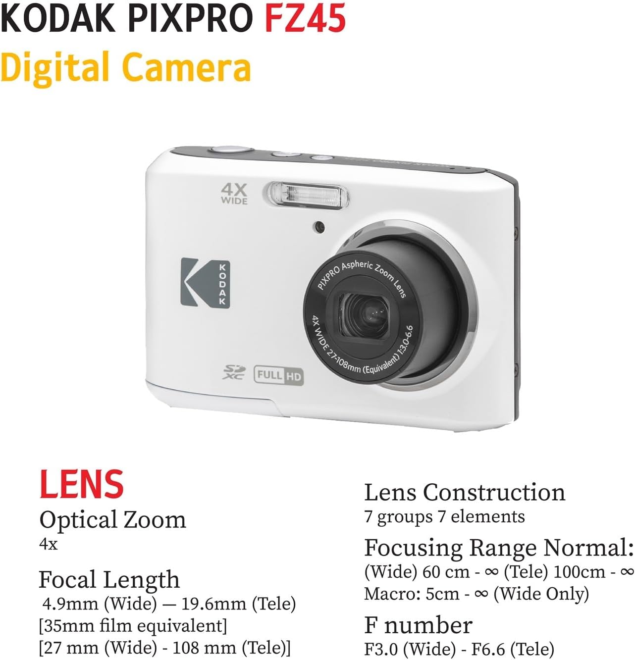 KODAK PIXPRO FZ45 16MP Digital Camera with 4X Optical Zoom 27mm Wide Angle and 2.7' LCD Screen Bundle with 32GB SD Memory Card, AA Batteries (4 Pack), Lens Cleaning Cloth (White)