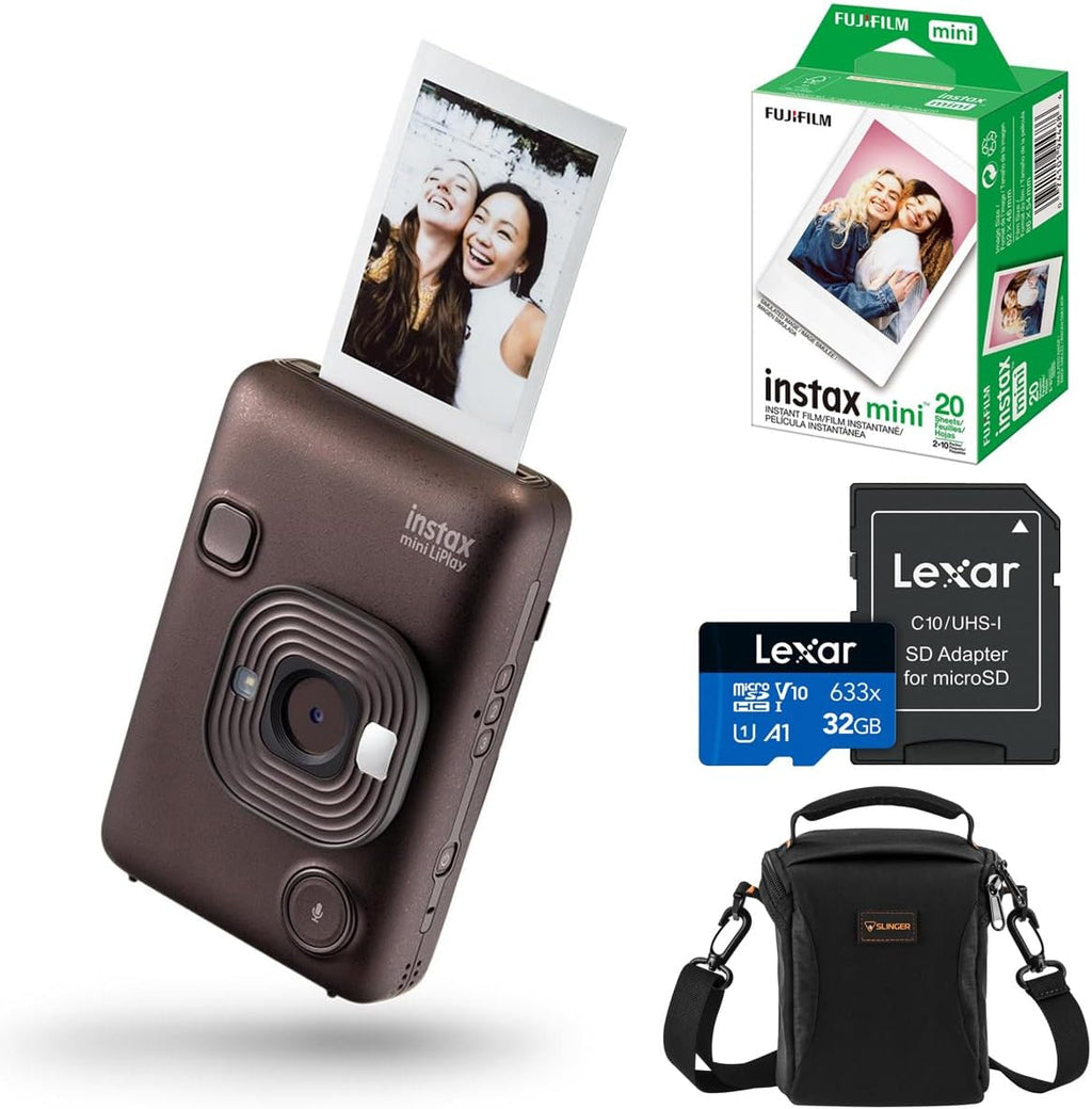 Fujifilm Instax Mini LiPlay Hybrid Instant Camera, Deep Bronze, Bundle with 20 Exposures Film Pack, 32GB UHS-I microSDHC Memory Card and Shoulder Bag (Deep Bronze)