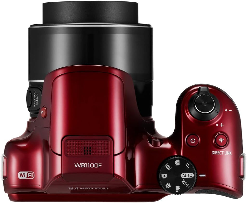 Samsung WB1100F 16.2MP CCD Smart WiFi & NFC Digital Camera with 35x Optical Zoom, 3.0' LCD and 720p HD Video (Red)