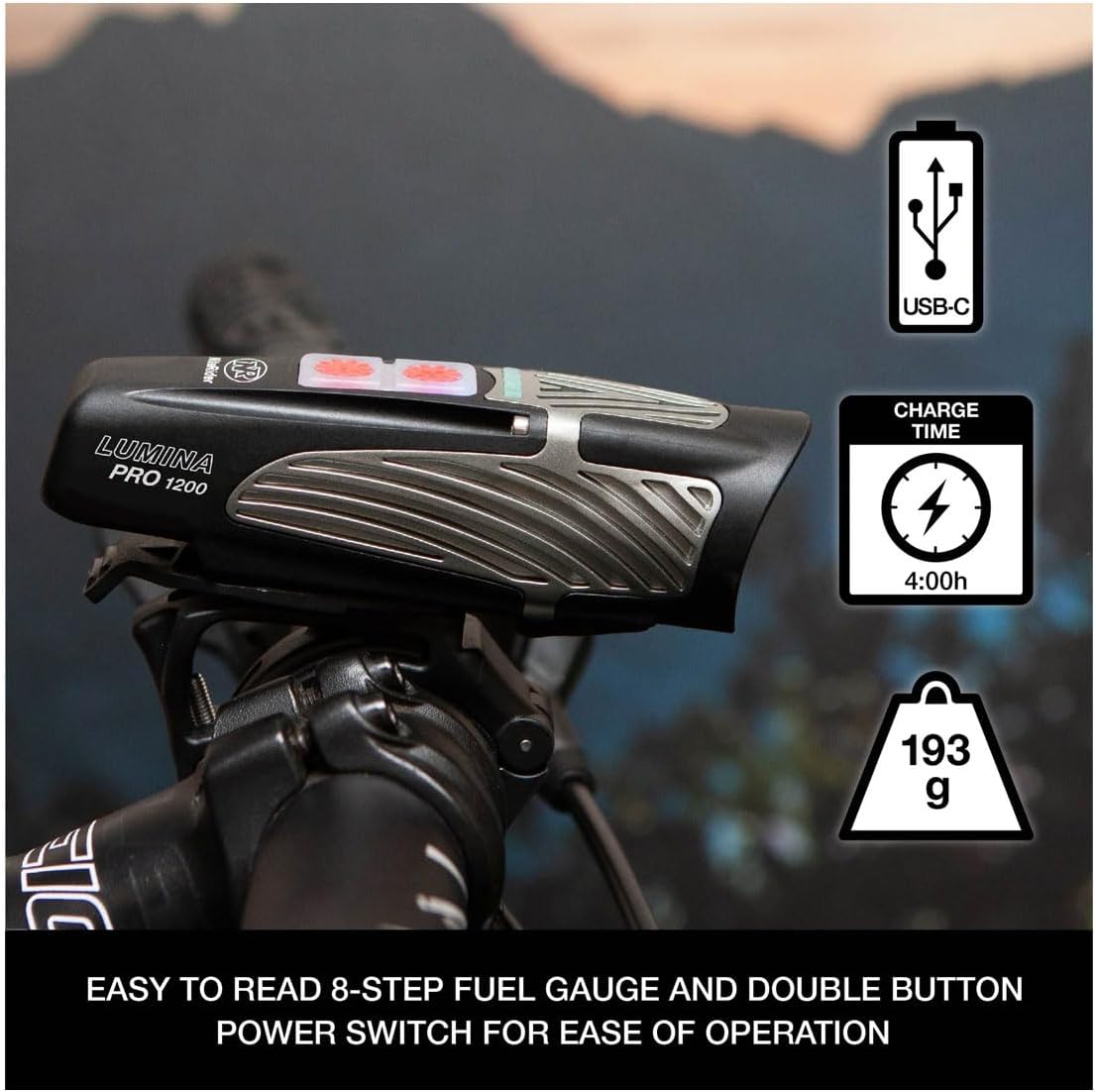 NiteRider Lumina Pro 1200 + Vmax+ 150 Bike Light Set USB-C Rechargeable Bicycle Headlight LED Front and Rear Combo IP64 Water Resistant Mountain Road City Commuting Cycling Safety Flash
