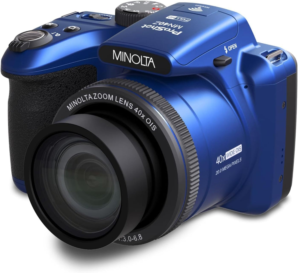 Minolta MN40Z 20MP Digital Camera – 40x Optical Zoom, 1080p FHD Video, 3.0' LCD, Wi-Fi, Face/Smile/Blink Detection – Blue