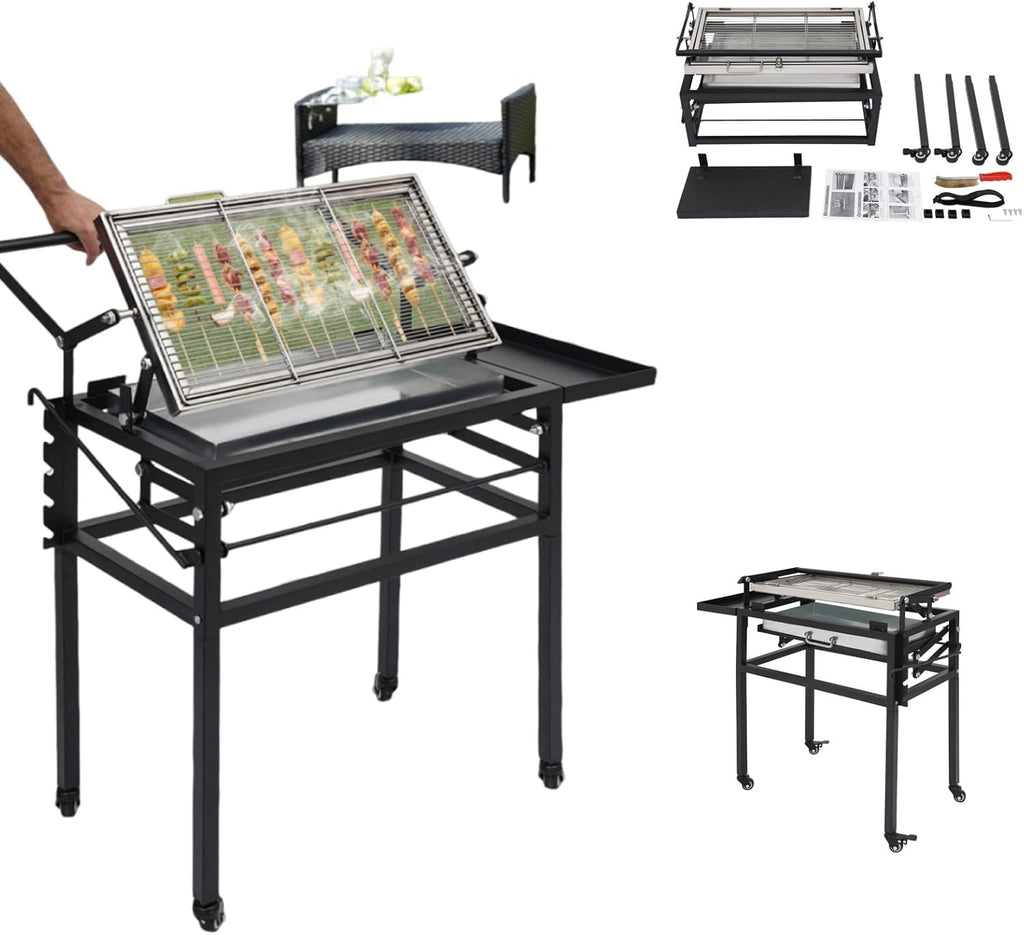 Portable charcoal-fired flip-grill barbecue rack, black outdoor camping barbecue grill, featuring a 360-degree flip-grill cooking grid, removable tray, and adjustable steel frame