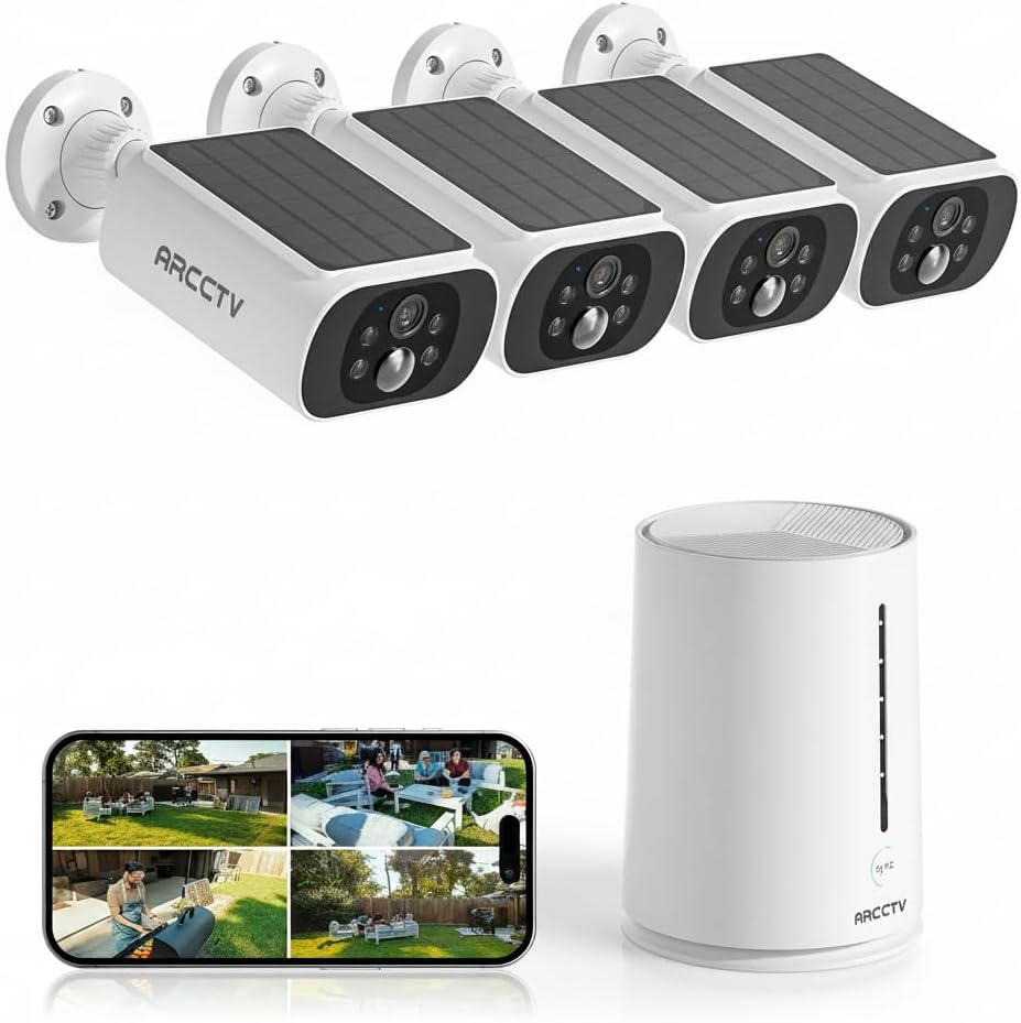 ARCCTV Solar Security Cameras Wireless Outdoor, 4 Cam-Kit, 4MP Solar Security Camera Wireless System, Color Night Vision, Motion Detection, No Monthly Fee, 32GB Memory Card