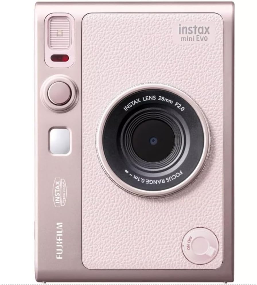 FUJIFILM INSTAX MINI EVO Hybrid Instant Camera | Gentle Rose Bundle with Instax Mini Film | 20 Exposures + 64GB Micro SD Card + Mini Album, Borders, Stickers & Clips + Cleaning Cloth (5 Items)