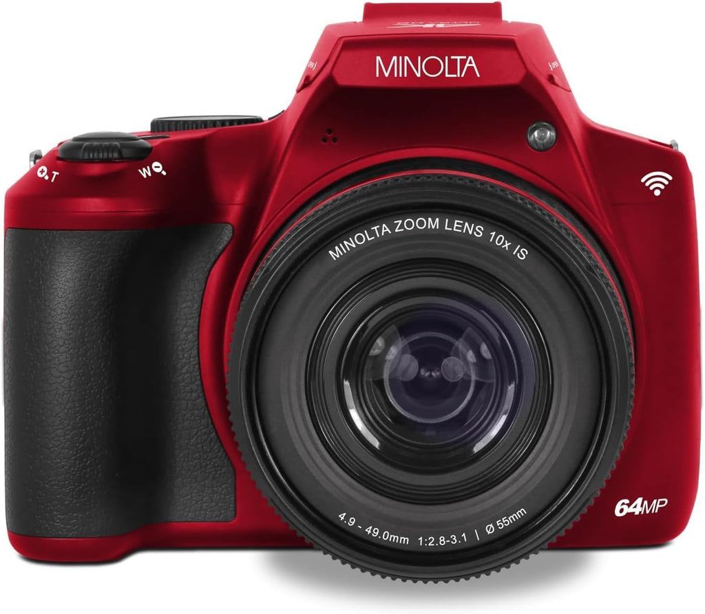 Minolta 64 Mega Pixels Auto Focus Digital Camera with 10x Optical Zoom, 4K Ultra HD Video and Macro Shooting, Bundle with 32 GB Memory Card + Vlogging Tripod + Cleaning kit + More Accessories - Red