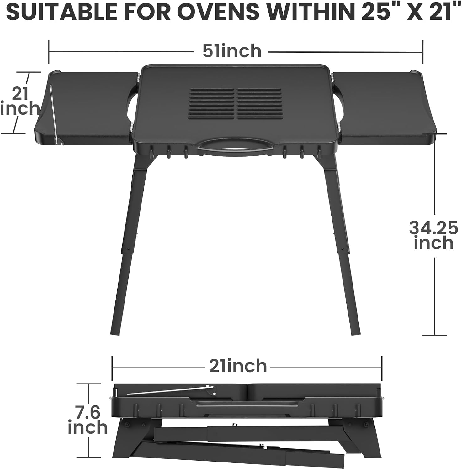 GRISUN Universal Folding Grill Cart | Portable Stand for Ninja Woodfire OG700/OG800/OG900, Blackstone, Ooni | 3-Height Adjustable