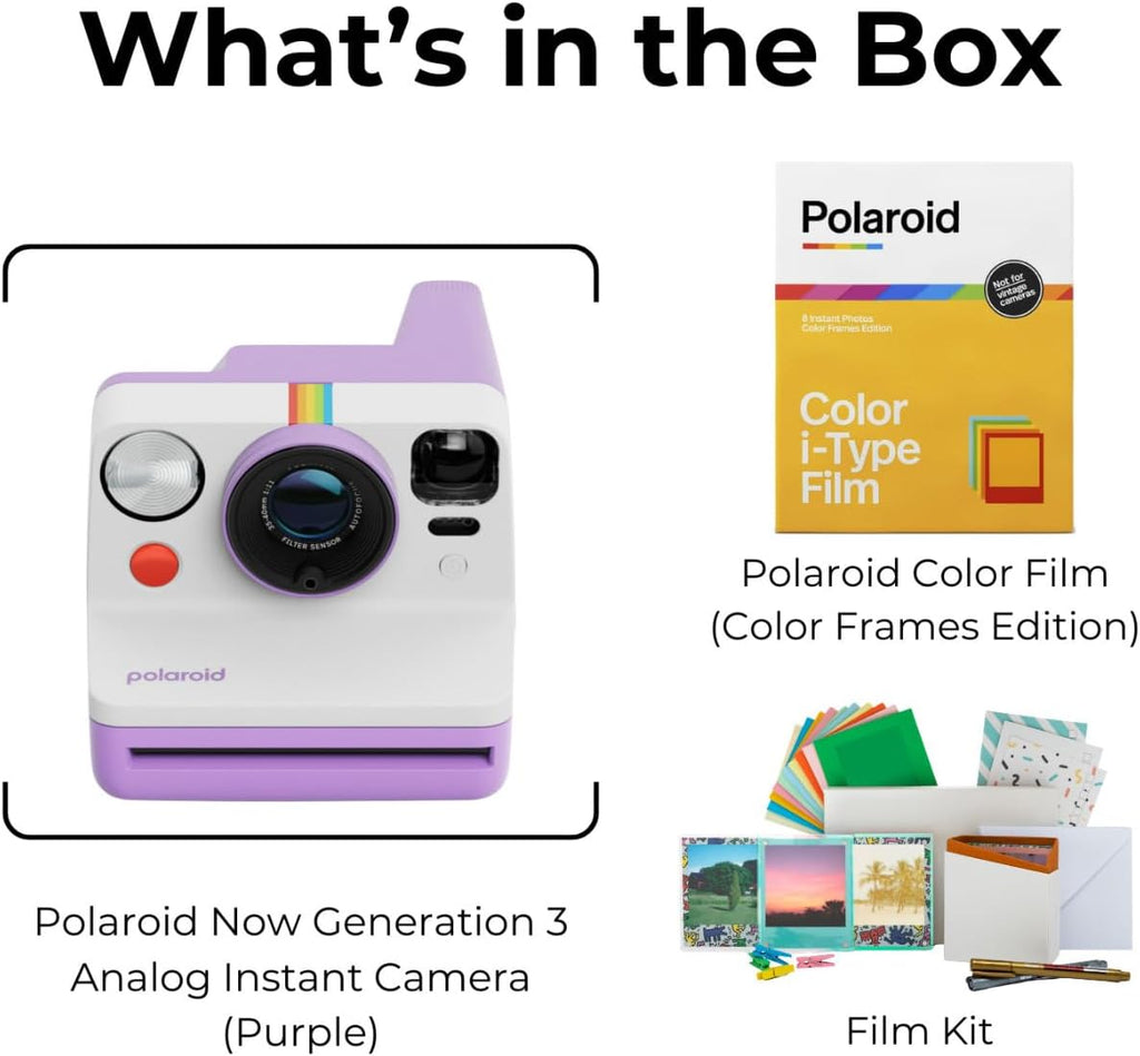 Polaroid Now Generation 3 Analog Instant Camera with Tripod Mount and Two-Lens Autofocus System (Purple) Bundle with Color Film and Film Kit (3 items)