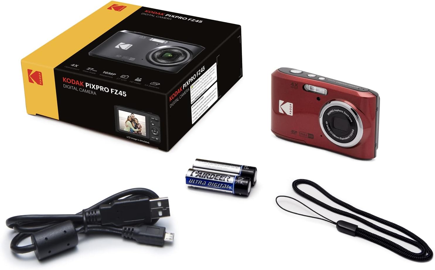 Kodak FZ45RD PIXPRO FZ45 16MP Digital Camera, Red Bundle with Lexar 32GB High-Performance 800x UHS-I SDHC Memory Card + Deco Photo Point and Shoot Field Bag Camera Case