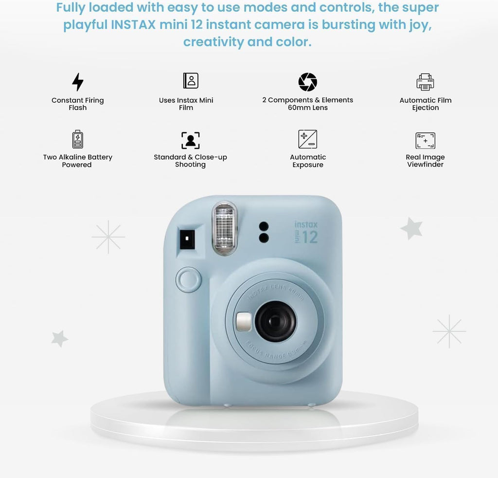 FUJIFILM INSTAX Mini 12 Holiday Bundle 2025 | with Extra Instax Mini Film + 4 Pk AA Batteries & Sunshine Photo Microfiber Cleaning Cloth (10 Items) (20 Sheets, Pastel Blue)