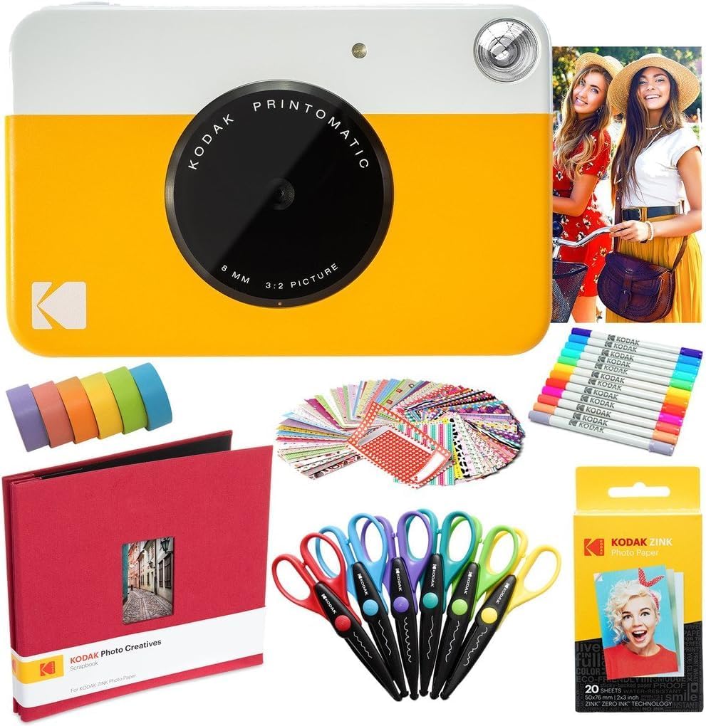 Kodak Printomatic Instant Camera (Yellow) Art Bundle + Zink Paper (20 Sheets) + 8x8 Cloth Scrapbook + 12 Twin Tip Markers + 100 Border Stickers + 6 Decorative Scissors + Washi Tape