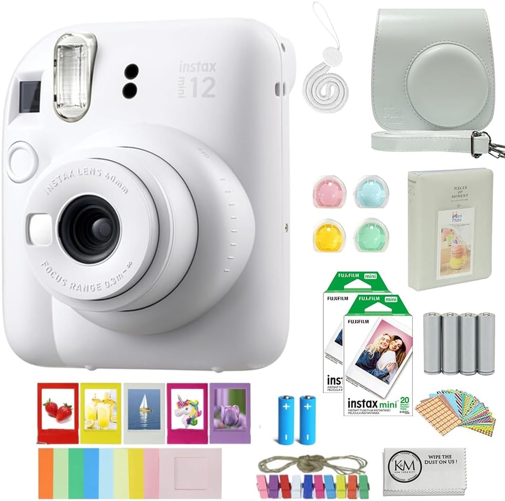 FUJIFILM INSTAX Mini 12 Instant Film Camera | Clay White Bundled with INSTAX Mini Instant Film |40 Exposures + Instax Accessory Bundle + AA Batteries + Cleaning Cloth (10 Items)