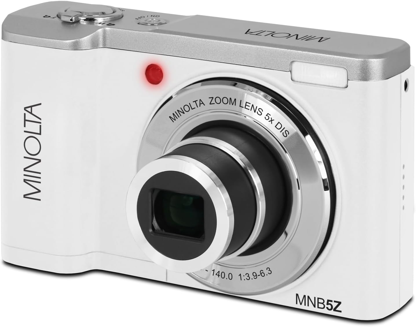 Minolta 56MP Dual Lens Digital Camera – 5X Optical Zoom, 5K Ultra HD Video, CMOS Sensor, 2.8-inch LCD Screen, Stabilization, Selfie Lens, 32GB Card, Rechargeable Battery (White)