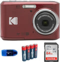 KODAK Pixpro FZ45 Digital Camera Bundle, Includes: SanDisk 64GB SDXC Memory Card, Spare Batteries and Card Reader (4 Items) (Red)