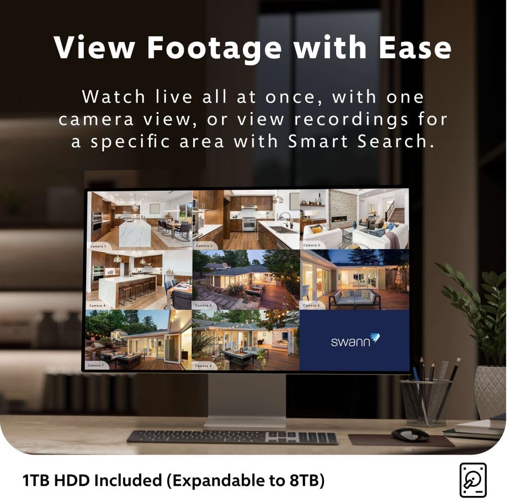 Swann Home/Business Wired DVR, 1080p Full HD Security Camera System, 8 Channels, 8 Cameras Indoor/Outdoor, 1TB HDD Storage, Color Night Vision, Sensor Spotlights, 24/7 Recording