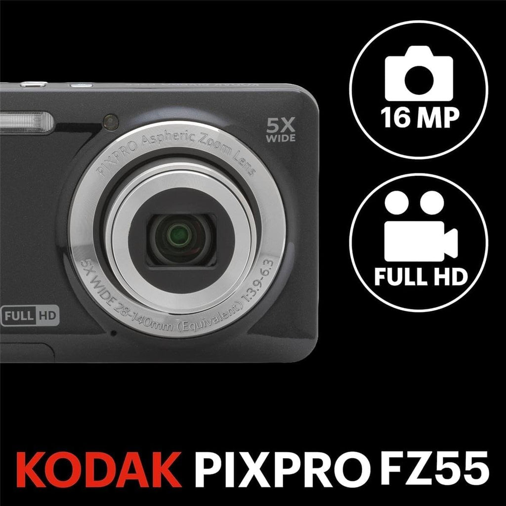 KODAK PIXPRO FZ55-BK 16MP Digital Camera 5X Optical Zoom 28mm Wide Angle 1080P Full HD Video 2.7' LCD Vlogging Camera. Bundle with SD Card and Camera Bag, Kodak 1-Year Limited Warranty (Black)