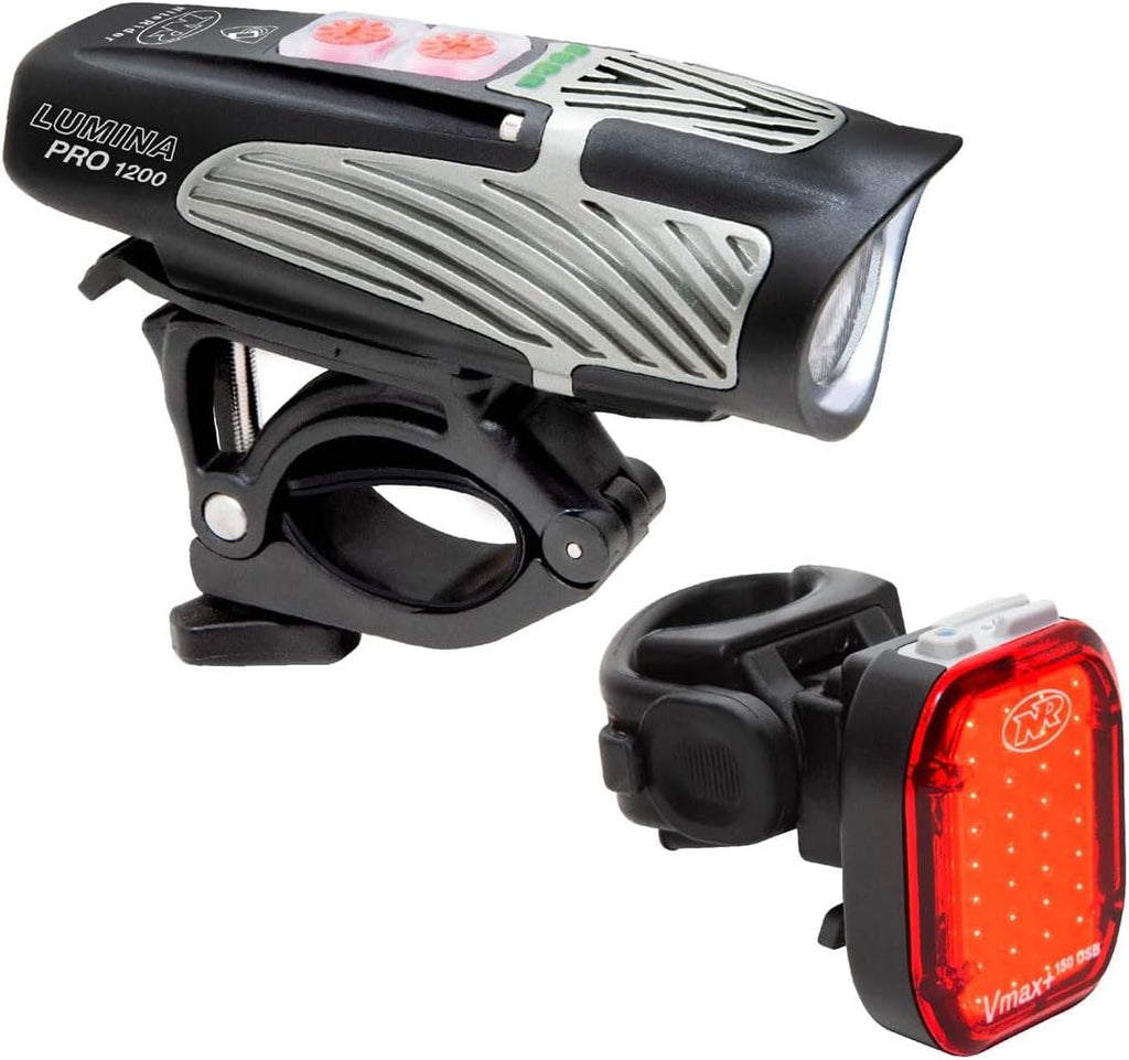 NiteRider Lumina Pro 1200 + Vmax+ 150 Bike Light Set USB-C Rechargeable Bicycle Headlight LED Front and Rear Combo IP64 Water Resistant Mountain Road City Commuting Cycling Safety Flash