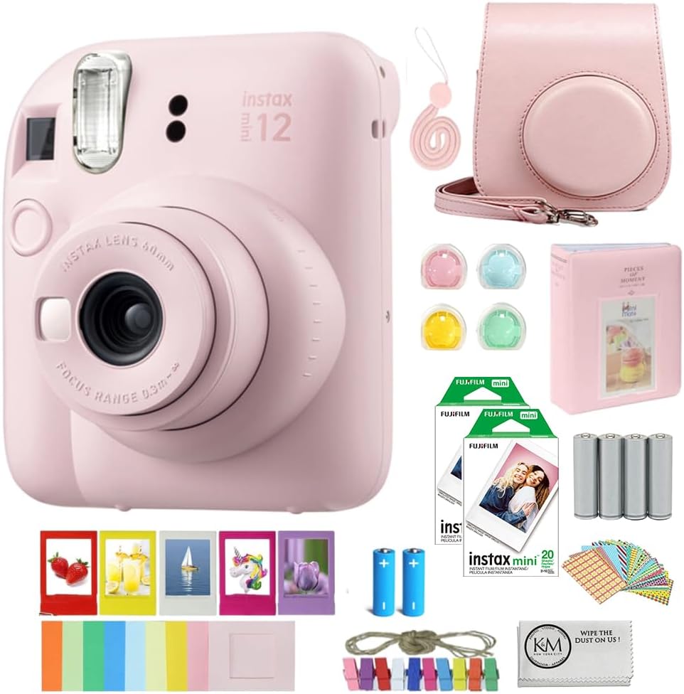 FUJIFILM INSTAX Mini 12 Instant Film Camera | Blossom Pink Bundled with INSTAX Mini Instant Film |40 Exposures + Instax Accessory Bundle + AA Batteries + Cleaning Cloth (10 Items)