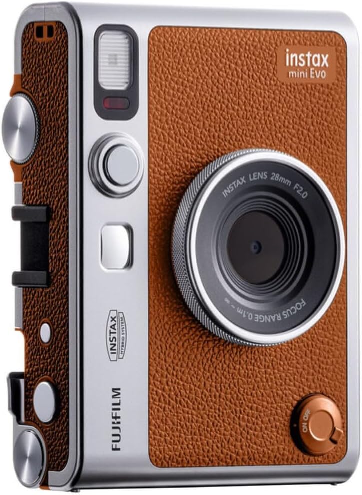 FUJIFILM INSTAX MINI EVO Hybrid Instant Camera | Brown Bundle with Instax Mini Film | 20 Exposures + 64GB Micro SD Card + Mini Album, Borders, Stickers & Clips + Cleaning Cloth (5 Items)
