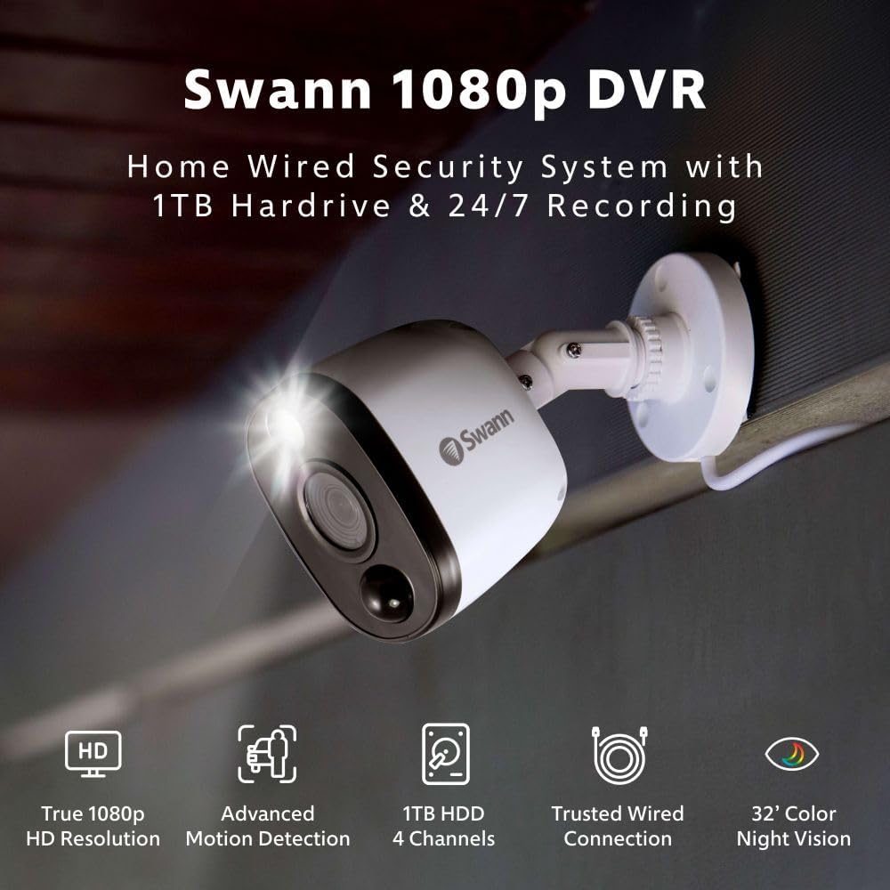 Swann Home/Business Wired DVR, 1080p Full HD Security Camera System, 8 Channels, 4 Cameras Indoor/Outdoor, 1TB HDD Storage, Color Night Vision, Sensor Spotlights, 24/7 Recording