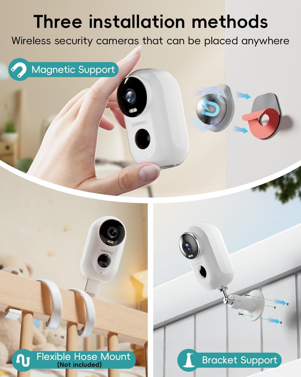ZUMIMALL Security Cameras Wireless Outdoor, 4 Packs, 2K Cameras for Home Security, Outdoor/Indoor Camera Battery Powered, 2.4G WiFi, Magnetic Mount,3MP Color Night Vision/Siren/PIR/AI/Cloud/Alexa
