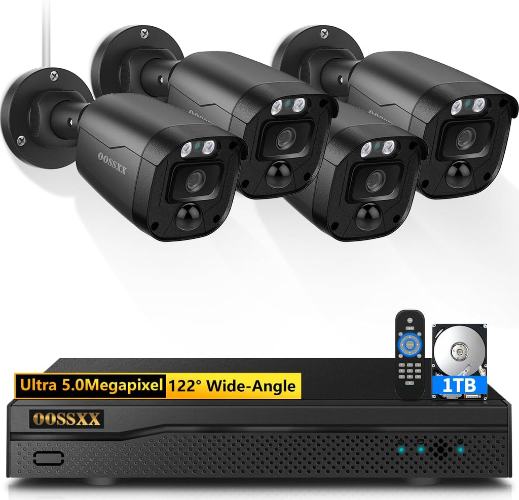 OOSSXX 5MP Wired CCTV Security Camera System with 122 Ultra Wide Angle, 4CH HD DVR Kit, 4X IP66 Indoor Outdoor Cameras, 65ft IR Night Vision, Free App, No Subscription Fee, Remote Access